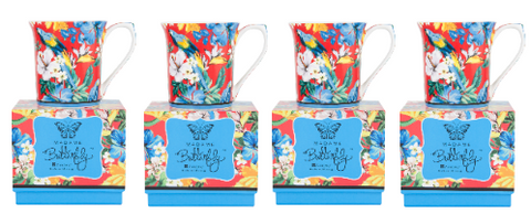ASHDENE Set of 4 Flare Mugs Madame Butterfly Tropical  (Bone China)