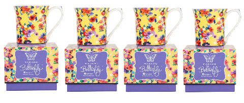 ASHDENE Set of 4 Flare Mugs Madame Butterfly Retro Floral (Bone China)