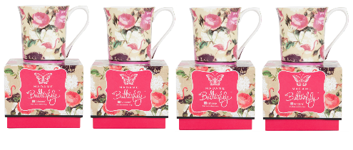 ASHDENE Set of 4 Flare Mugs Madame Butterfly Flamingo Rose (Bone China)