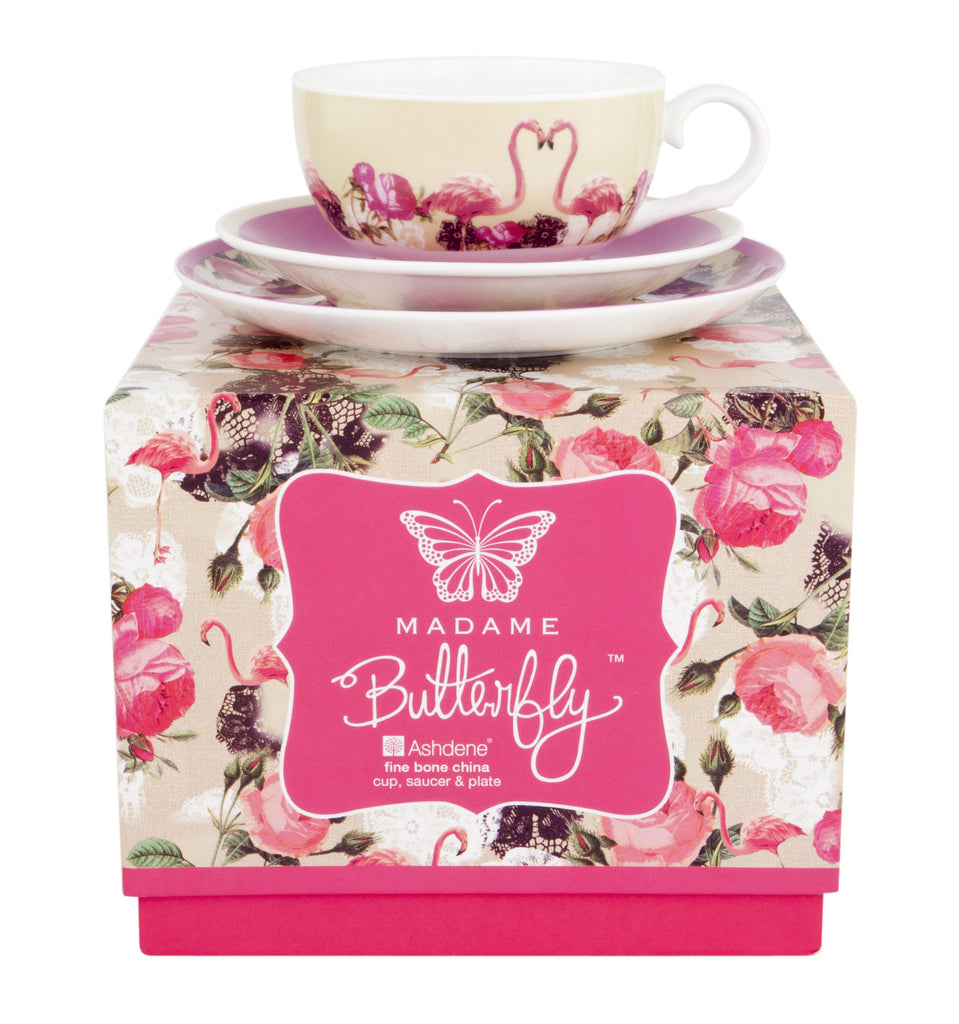 ASHDENE Teacup Saucer and Plate  Madame Butterfly Flamingo Rose