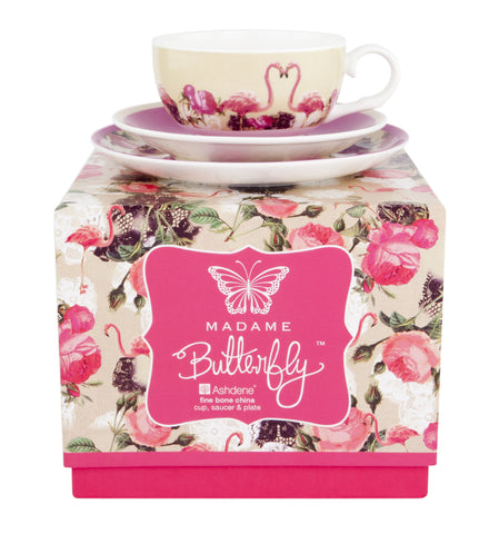 ASHDENE Teacup Saucer and Plate  Madame Butterfly Flamingo Rose