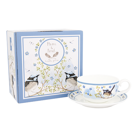 ASHDENE Teacup and Saucer Plume and Perch Blue Wren