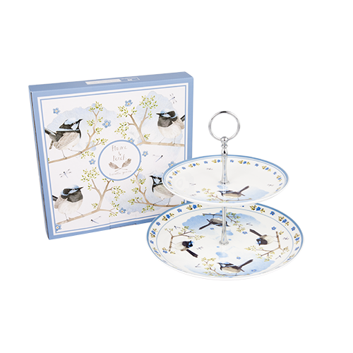 ASHDENE 2 Tier Cake Stand Plume and Perch Blue Wren (Bone China )