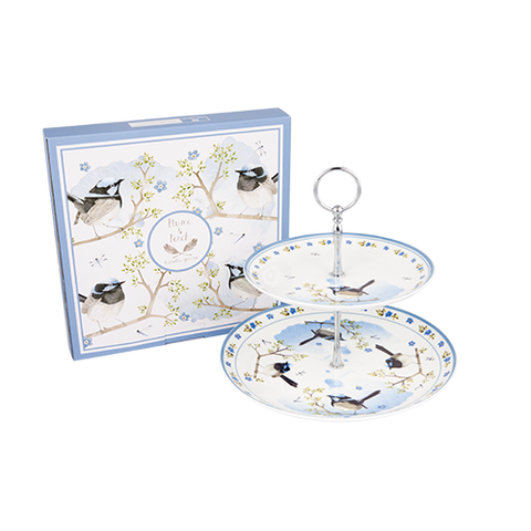 ASHDENE 2 Tier Cake Stand Plume and Perch Blue Wren (Bone China )
