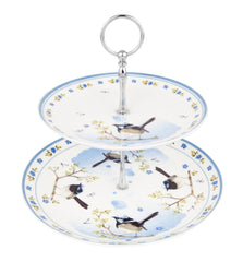 ASHDENE 2 Tier Cake Stand Plume and Perch Blue Wren (Bone China )