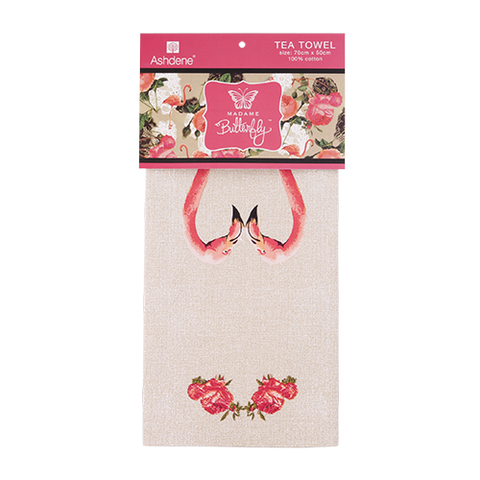 ASHDENE Tea Towel Madame Butterfly Flamingo Rose