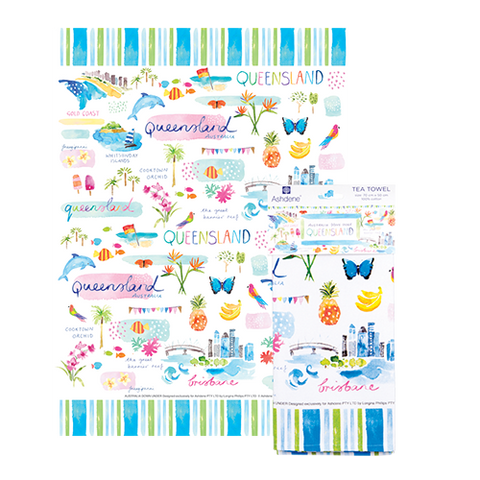 ASHDENE Australia Down Under Queensland Tea Towel