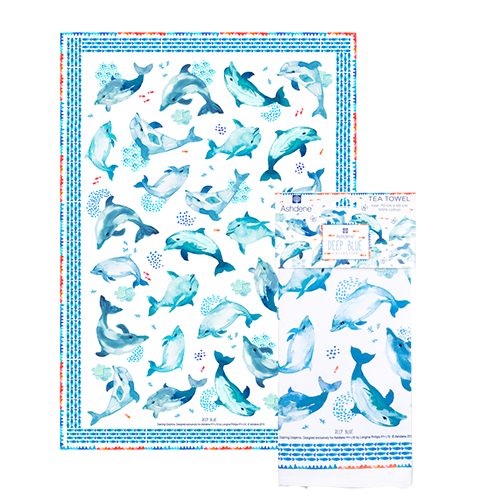ASHDENE Deep Blue Dashing Dolphins Tea Towel
