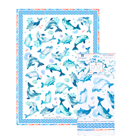 ASHDENE Deep Blue Dashing Dolphins Tea Towel