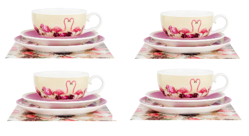 ASHDENE Set of 4 Teacup Saucer and Plate  Madame Butterfly Flamingo Rose