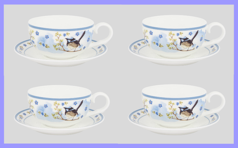 ASHDENE Set of 4 Teacup and Saucer Plume and Perch Blue Wren